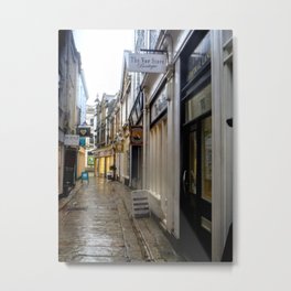 Cozy European Scene Metal Print | Photo, Lonely, Atmospheric, Englishvillage, Rainyday, Europeanstreet, Pedestrianwalkway, Walk, Rain, Shops 