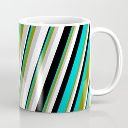 [ Thumbnail: Eye-catching Green, Grey, White, Black & Dark Turquoise Colored Pattern of Stripes Coffee Mug ]