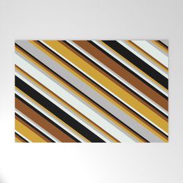 [ Thumbnail: Eyecatching Goldenrod, Grey, Mint Cream, Black, and Brown Colored Stripes Pattern Welcome Mat ]