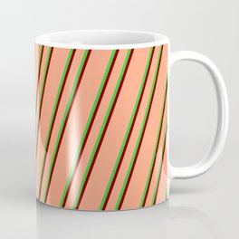 [ Thumbnail: Light Salmon, Lime Green, and Maroon Colored Lines/Stripes Pattern Coffee Mug ]
