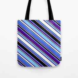 [ Thumbnail: Eyecatching Light Sky Blue, Royal Blue, Indigo, White & Black Colored Lines/Stripes Pattern Tote Bag ]