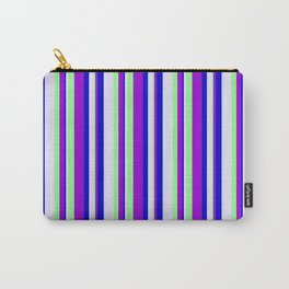 [ Thumbnail: Lavender, Green, Dark Violet, and Blue Colored Lined/Striped Pattern Carry-All Pouch ]