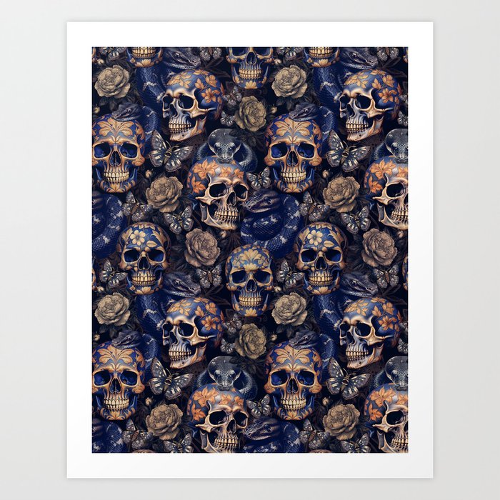 Mysterious Baroque Skulls, Snakes And Flowers Art Print