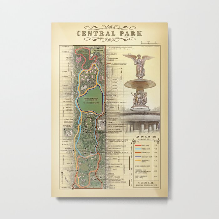 Central Park [Bethesda Fountain] Vintage Inspired running route map Metal Print