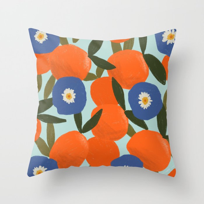 Clementine Orange Blue Flowers Pattern Leaves Throw Pillow
