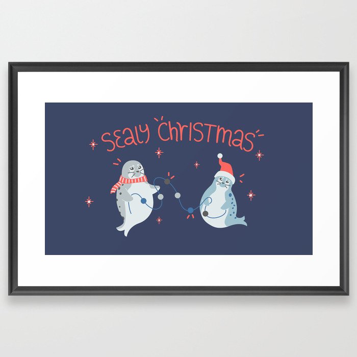 Sealy Christmas Cute Seals in Christmas Hat and Scarf with Twinkle Lights Framed Art Print