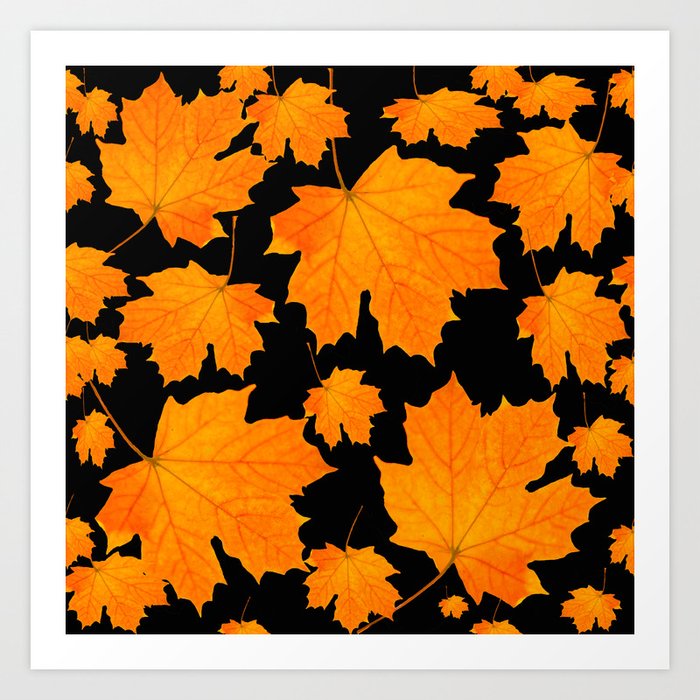 Orange Maple Leaves Black Background #decor #society6 #buyart Art Print