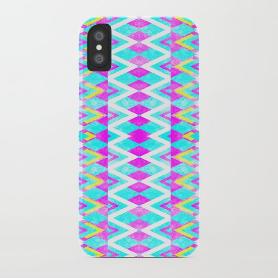 Neon Pink Teal Andes Aztec Triangle Yellow Pattern iPhone Case