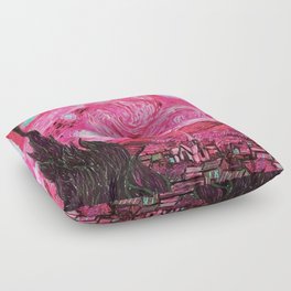 The Starry Night - La Nuit étoilée oil-on-canvas post-impressionist landscape masterpiece painting in alternate fuchsia pink and baby blue by Vincent van Gogh Floor Pillow