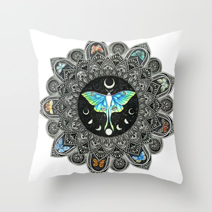 Lunar Moth Mandala Throw Pillow