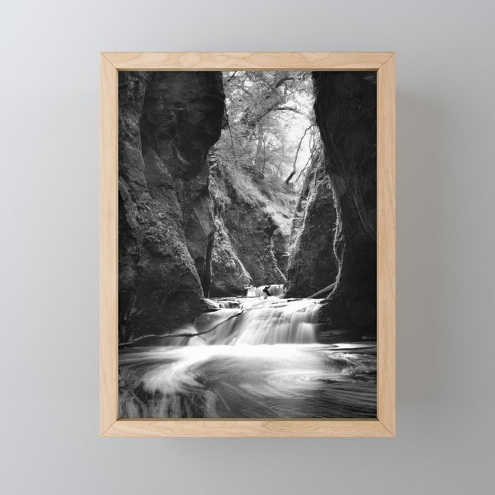 A river runs through it; river through rocky gorge time lapse black and white nature art photograph - photogrpahy - photographs Framed Mini Art Print