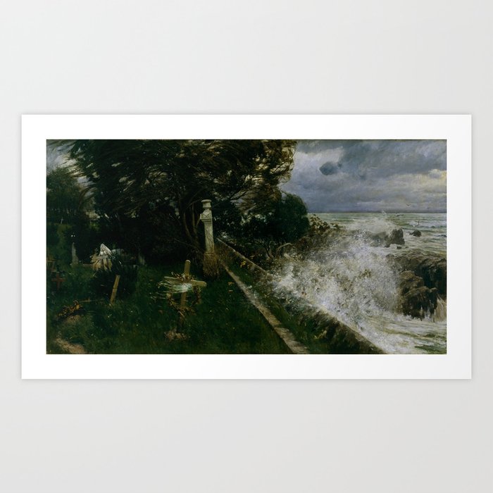Lonely seaside cemetery during the coastal storm nor' easter martime landscape painting by Adolf Hirémy-Hirschl for home, bedroom, and wall decor Art Print