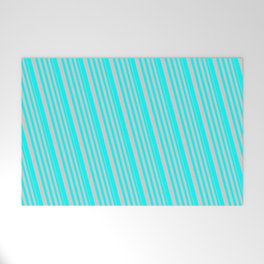 [ Thumbnail: Light Grey & Aqua Colored Stripes Pattern Welcome Mat ]