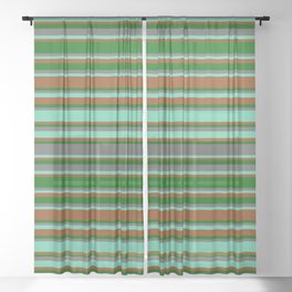 [ Thumbnail: Brown, Dark Green, Dim Grey & Aquamarine Colored Lined/Striped Pattern Sheer Curtain ]