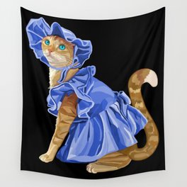 Girly Ginger Cat in Blue Dress Wall Tapestry