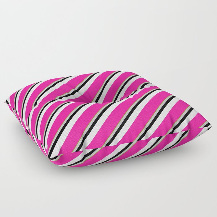 Vibrant Green, Grey, Black, Mint Cream, and Deep Pink Colored Stripes Pattern Floor Pillow