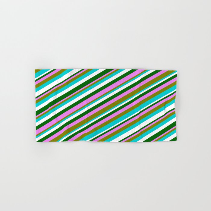 Colorful Violet, Green, Dark Turquoise, White & Dark Green Colored Lines/Stripes Pattern Hand & Bath Towel