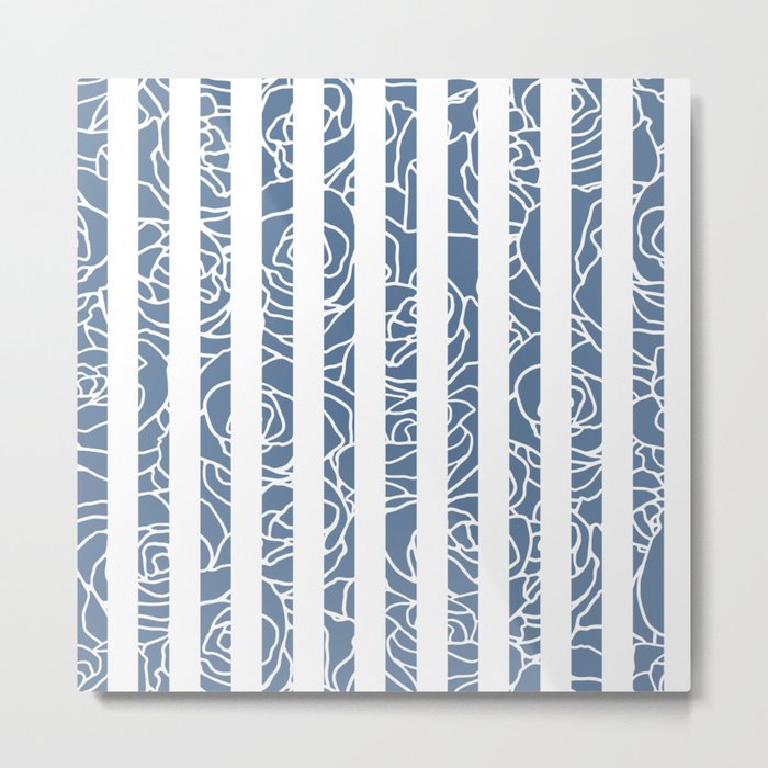 Flowers Roses Doodles on Sate Blue and White Stripes Metal Print