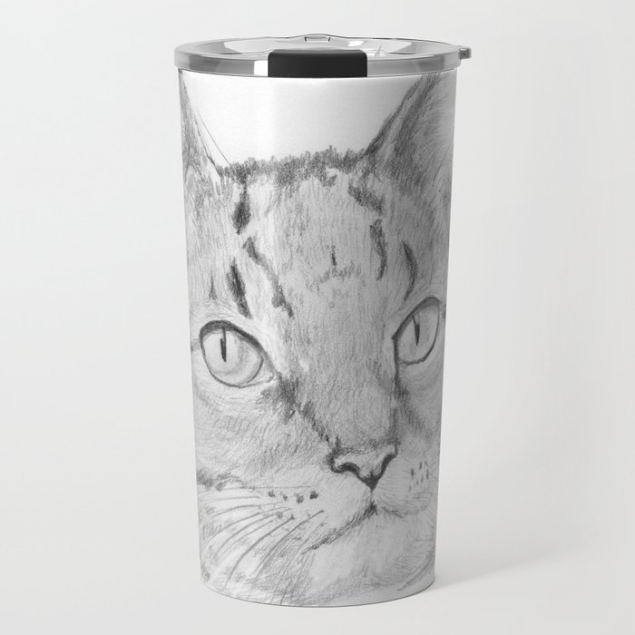 Cat Face Realistic Pencil Sketch Drawing Travel Mug By