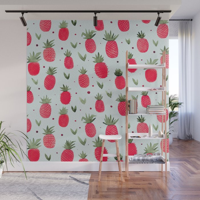 Watercolor pineapples - red and sage Wall Mural