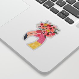 Pink flamingo with flowers on head Sticker