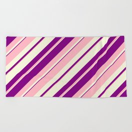 [ Thumbnail: Light Pink, Beige, and Purple Colored Lined/Striped Pattern Beach Towel ]