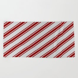 [ Thumbnail: Light Grey and Dark Red Colored Striped Pattern Beach Towel ]