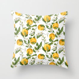 Citrus OrangeTree Branches with Flowers and Fruits Throw Pillow