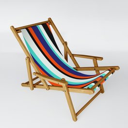 [ Thumbnail: Vibrant Mint Cream, Turquoise, Midnight Blue, Red & Black Colored Lines/Stripes Pattern Sling Chair ]
