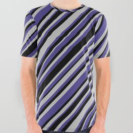 [ Thumbnail: Grey, Dark Slate Blue, and Black Colored Lined/Striped Pattern All Over Graphic Tee ]