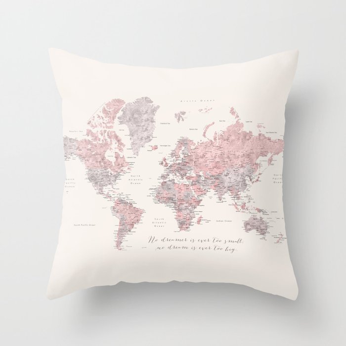 Nude, dusty pink and grey world map with cities, No small dreams, "Kaia