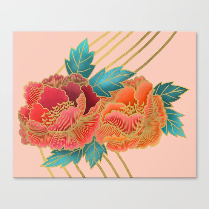 Peonies and Gold Stripes - Pink and Orange Canvas Print