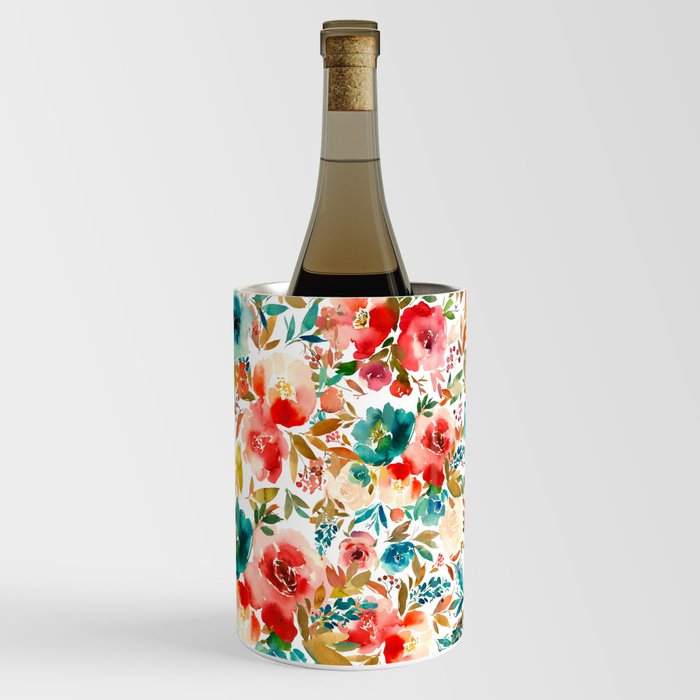 Red Turquoise Teal Floral Watercolor Wine Chiller
