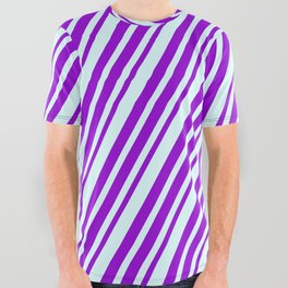 [ Thumbnail: Dark Violet and Light Cyan Colored Lines Pattern All Over Graphic Tee ]