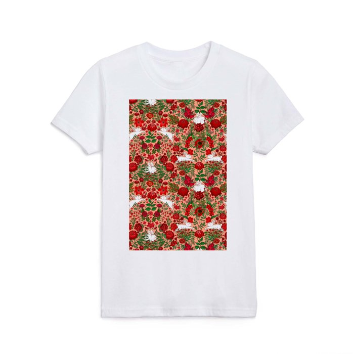 Restful and Raucous Rabbits in a Red Garden Kids T Shirt