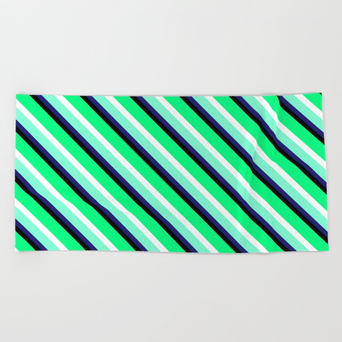 Eyecatching Green, White, Aquamarine, Midnight Blue & Black Colored Stripes Pattern Beach Towel