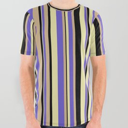[ Thumbnail: Slate Blue, Pale Goldenrod, Black & Tan Colored Striped/Lined Pattern All Over Graphic Tee ]
