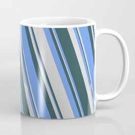 [ Thumbnail: Cornflower Blue, Light Grey & Dark Slate Gray Colored Lines/Stripes Pattern Coffee Mug ]