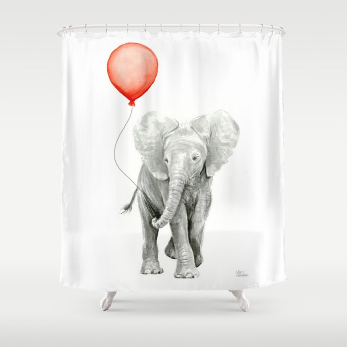 Baby Elephant Watercolor Red Balloon Nursery Decor Shower Curtain