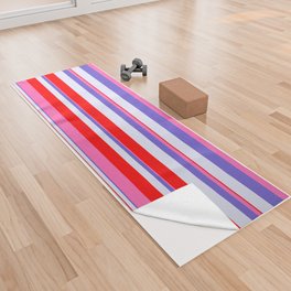 [ Thumbnail: Slate Blue, Lavender, Red & Hot Pink Colored Stripes/Lines Pattern Yoga Towel ]