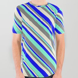 [ Thumbnail: Aquamarine, Grey, Beige & Blue Colored Pattern of Stripes All Over Graphic Tee ]