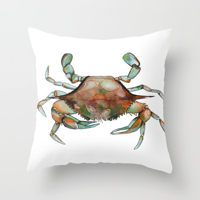 Chesapeake Bay Blue Crab Watercolor Throw Pillow
