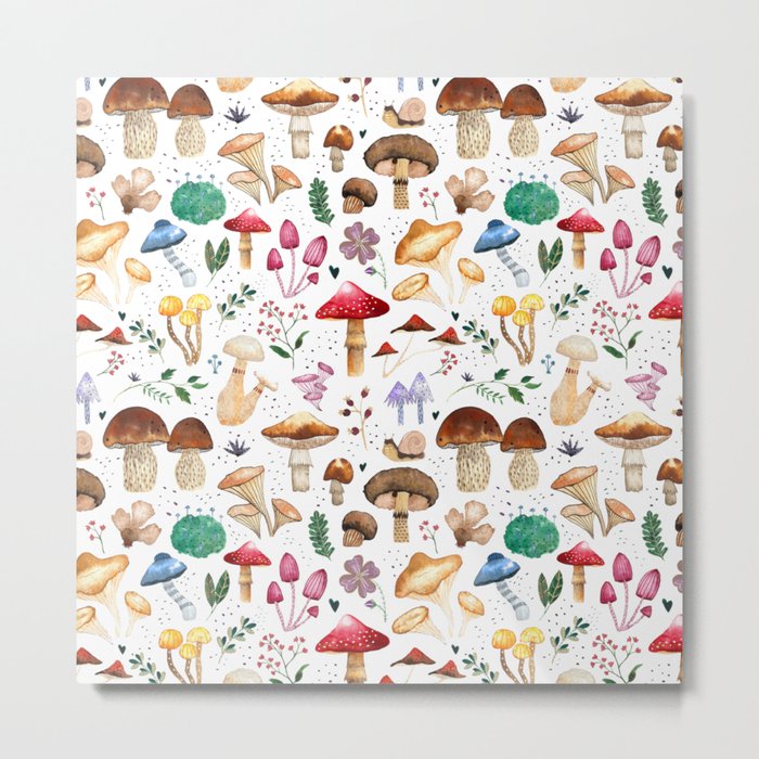 Watercolor forest mushroom illustration and plants Metal Print