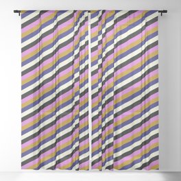 [ Thumbnail: Vibrant Orchid, Dark Goldenrod, Midnight Blue, Beige, and Black Colored Striped/Lined Pattern Sheer Curtain ]