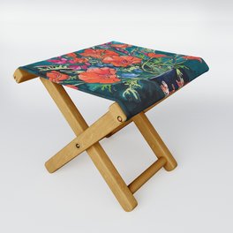 California Poppy and Wildflower Bouquet on Emerald with Tigers Still Life Painting Folding Stool
