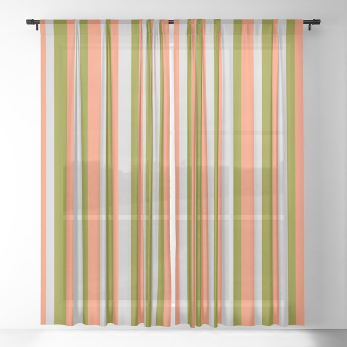 Green, Light Gray, and Coral Colored Lines Pattern Sheer Curtain