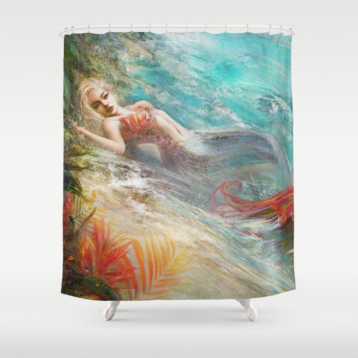 Mermaid sunbathing on the beach fantasy Shower Curtain