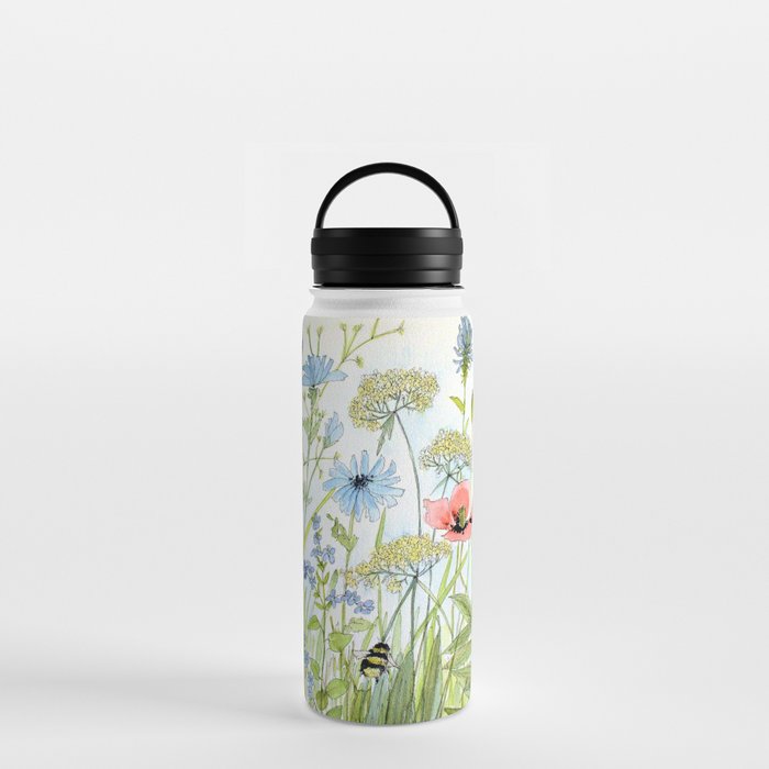 Floral Watercolor Botanical Cottage Garden Flowers Bees Nature Art Water Bottle