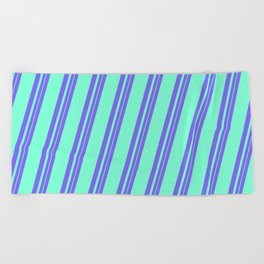 [ Thumbnail: Medium Slate Blue and Aquamarine Colored Lines Pattern Beach Towel ]