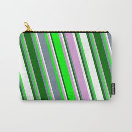 [ Thumbnail: Vibrant Plum, Lime, Light Slate Gray, Dark Green & White Colored Lines/Stripes Pattern Carry-All Pouch ]